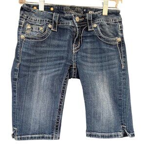 Miss Me Womens  Bermuda Shorts Size 25 Distressed Embellished Pockets Dark Wash